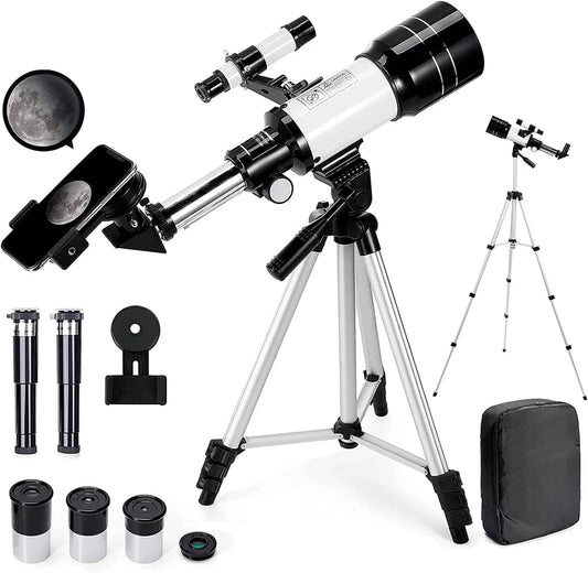 Astronomisches Teleskop, Beobachtungsfernrohr für Einsteiger und Erwachsene, 15x, 150x, 70 mm, 300 mm, mit Stativ