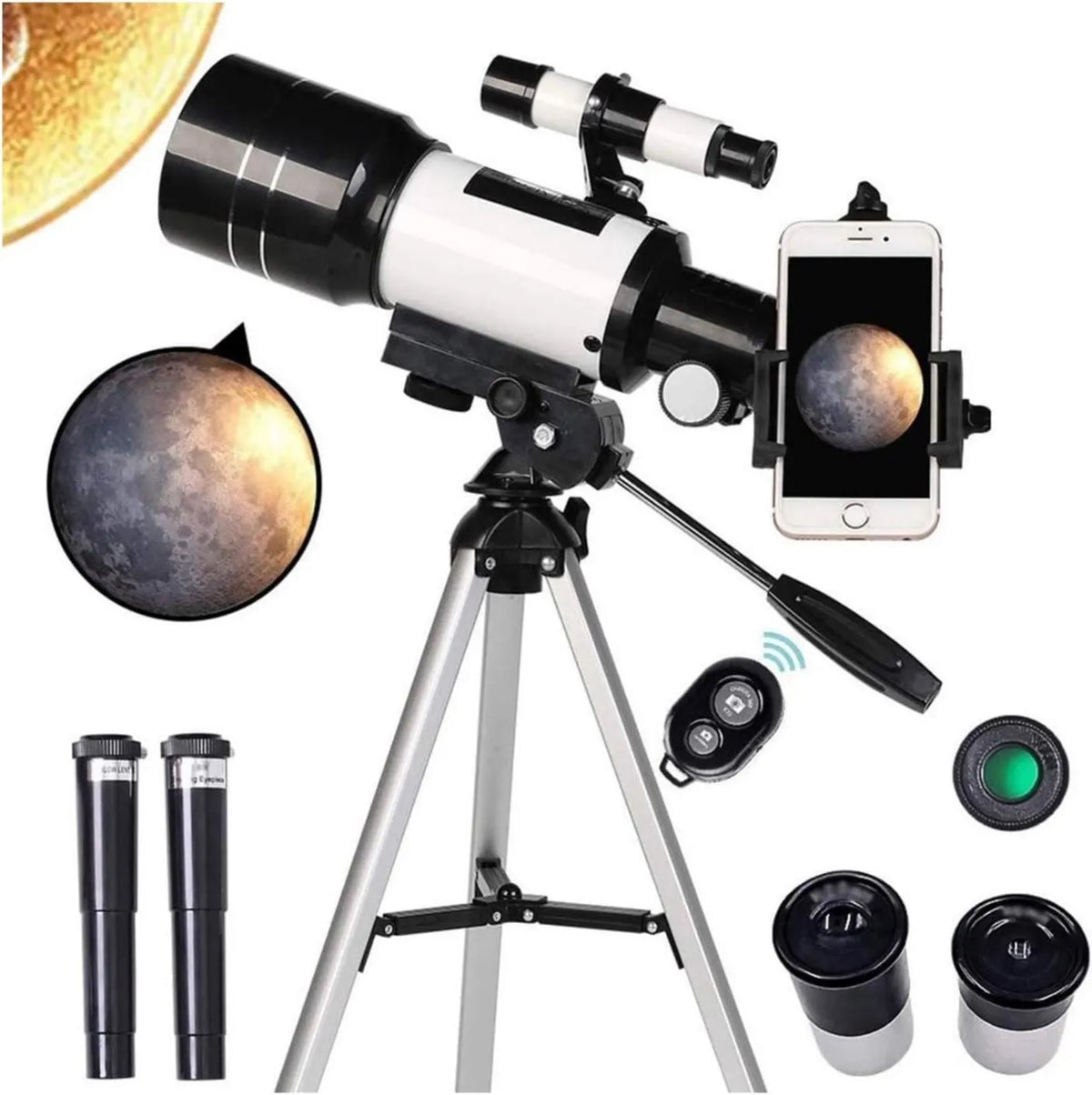 Astronomisches Refraktor-Teleskop, Linsenteleskop für Himmelsbeobachtung, 70 mm, mit Smartphone-Adapter, mit Mondfilter