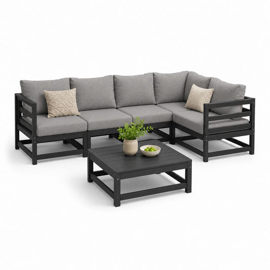 Ecksofa aus Holz, 4 Stück, schwarz und grau, 238 × 168 × 76 cm, mit Couchtisch 75 × 75 × 35 cm