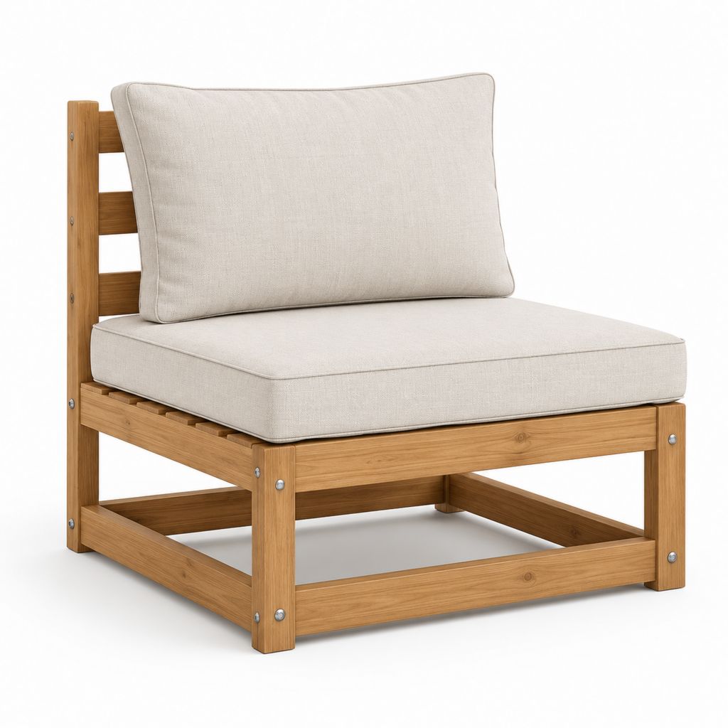 Modularer Gartensessel ohne Armlehnen aus Holz mit cremefarbenen Kissen, 68,5 × 64 × 62,5 cm