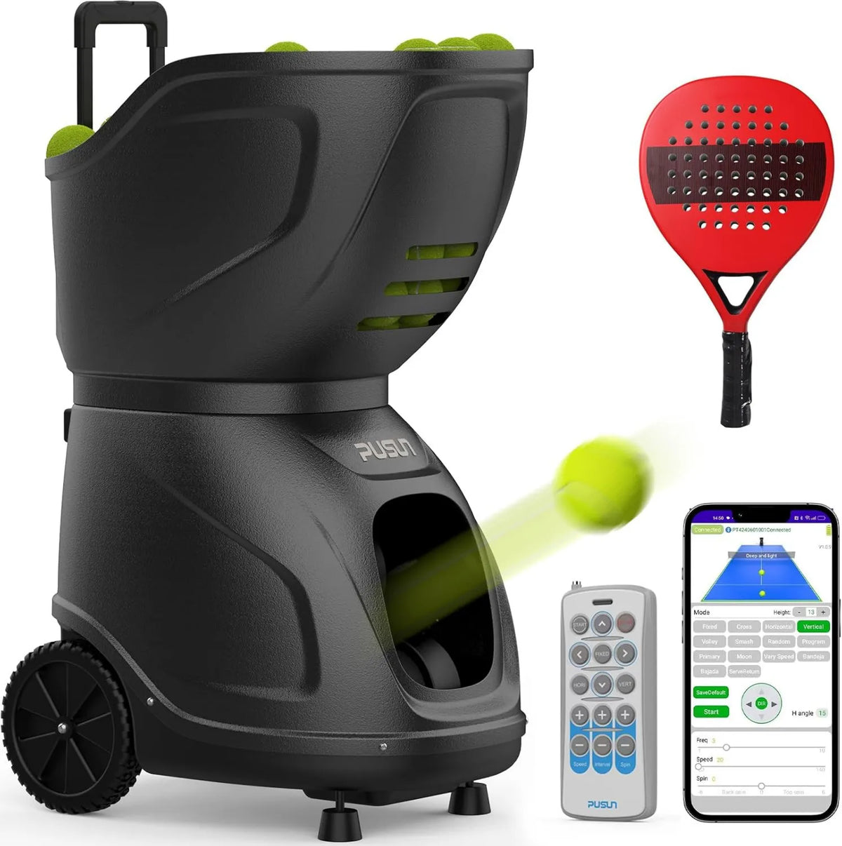 Padel-Ballmaschine, automatischer Padel-Trainer, mit App-Steuerung, für Solo- und Vereinstraining, PUSUN