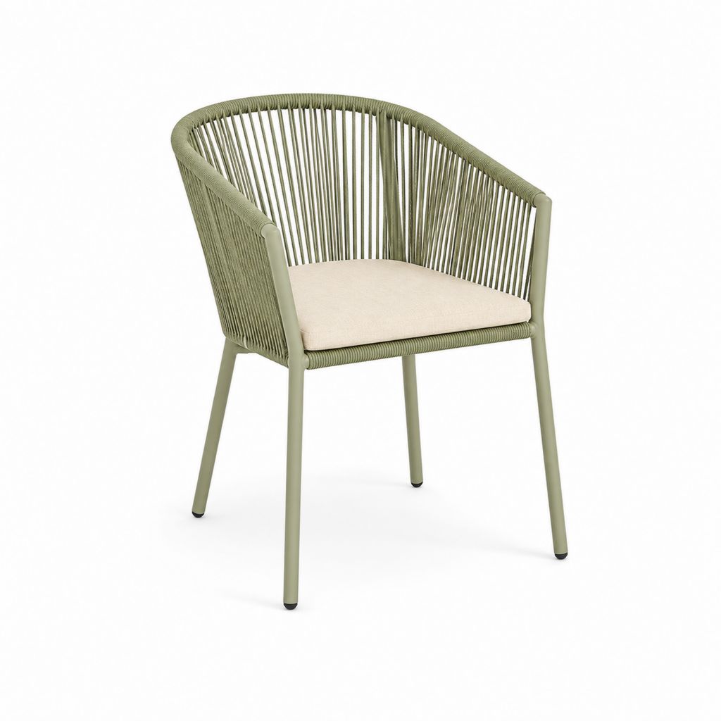 Außenstuhl mit Armlehnen aus Stahl und Seil aus olivgrünem Polypropylen, Beige Kissen, 58 × 60 × 80 cm