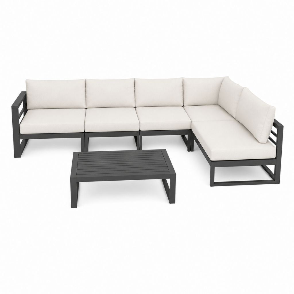 Garten Ecksofa Set 6 Stück Aluminium mit Beige Kissen und Couchtisch, anthrazitgrau, 254 × 254 × 70 cm