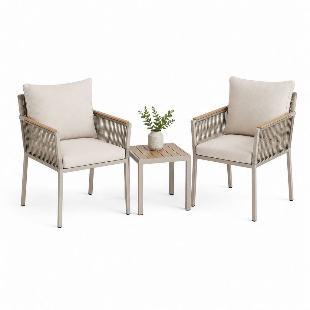 Garten-Set 3 Stücke mit 2 Sesseln und quadratischen Tisch aus Aluminium, Seil und Holz, Beige und Turtle, Sessel 64 × 65 × 85 cm, Couchtisch 45 × 45 × 45 cm
