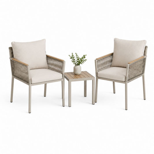 Garten-Set 3 Stücke mit 2 Sesseln und quadratischen Tisch aus Aluminium, Seil und Holz, Beige und Turtle, Sessel 64 × 65 × 85 cm, Couchtisch 45 × 45 × 45 cm