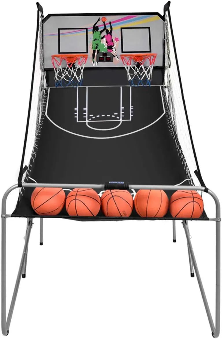 Basketballkorb mit Ständer, mobile Basketballanlage, klappbare Konstruktion, mit Ball und Pumpe, schwarz, 4 Basketbälle, für Garten