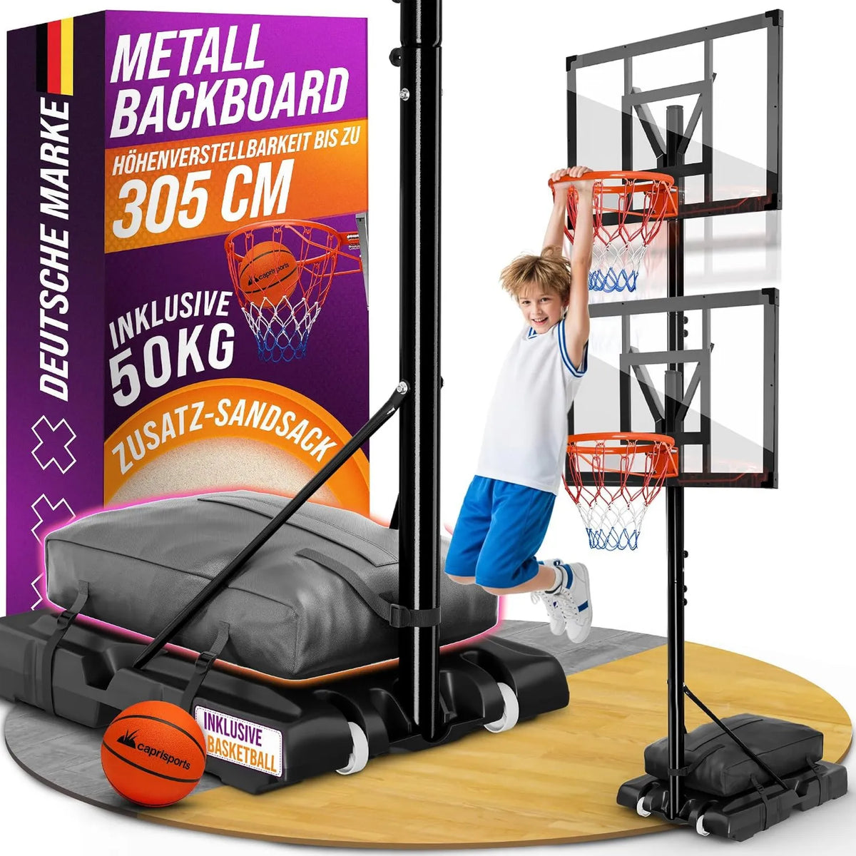 Basketballkorb mit Ständer, mobile Basketballanlage, höhenverstellbar, wetterfest, für den Außenbereich, für Garten, Einfahrt und Training