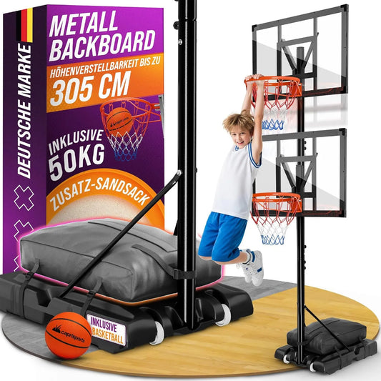 Basketballkorb mit Ständer, mobile Basketballanlage, höhenverstellbar, wetterfest, für den Außenbereich, für Garten, Einfahrt und Training