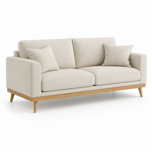 3-Sitzer-Linearsofa aus beigefarbenem Stoff mit Holzbasis, 200 × 90 × 86 cm