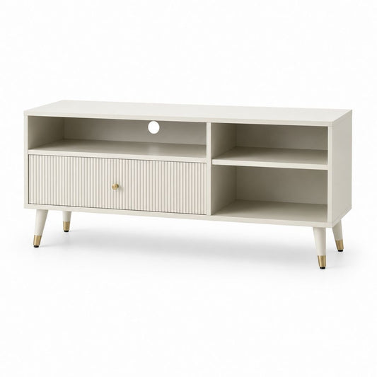 Mobile TV-Anschluss aus weißem Holz Creme mit Schublade, 3 offene Zimmer und Kabeldurchführung, 120 × 40 × 60 cm