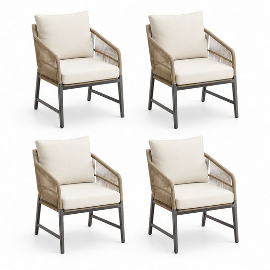 Set von 4 Außenstühlen mit Armlehnen aus Stahl und Seil PP, Beige, Creme und Anthrazit, 57 × 61 × 82 cm