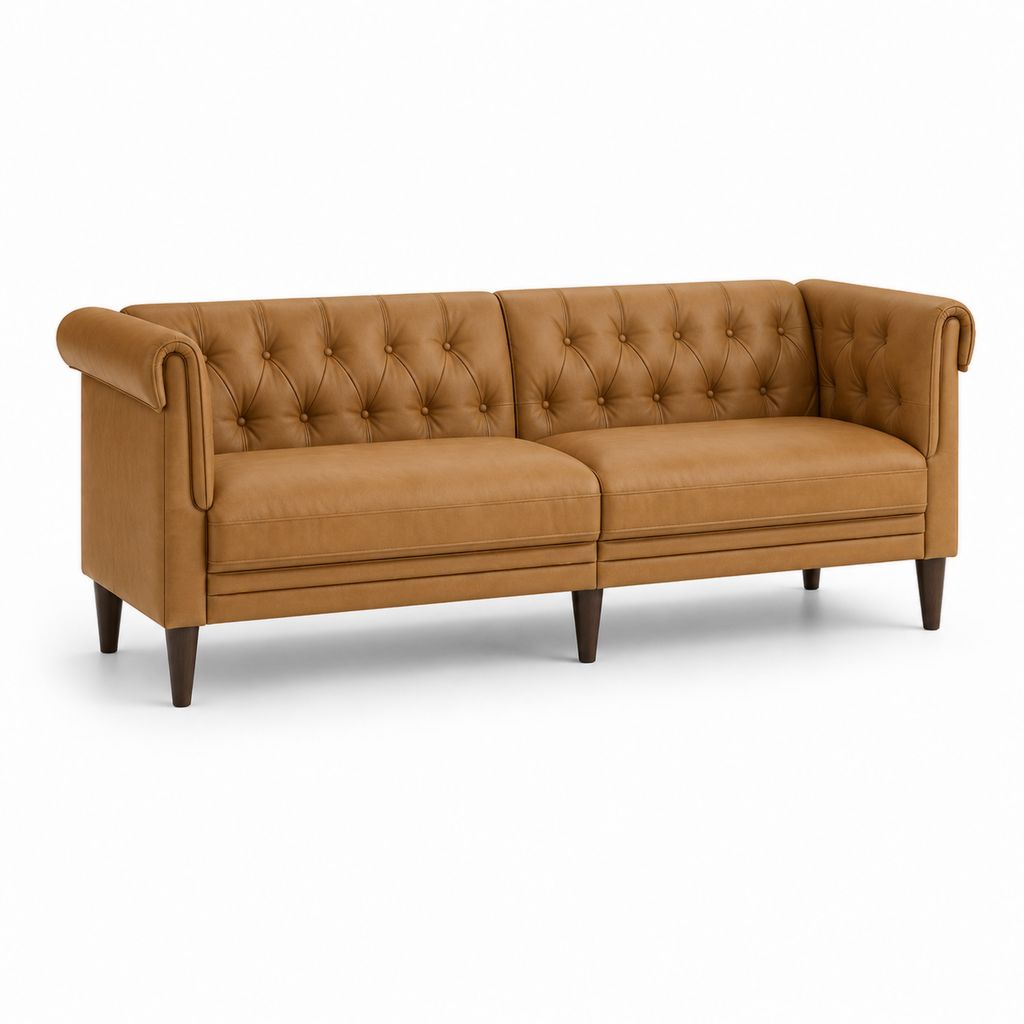 Sofa 3 Sitze aus Kunstleder braun Cognac mit Rückenlehne capitinné, 205 × 84 × 78 cm