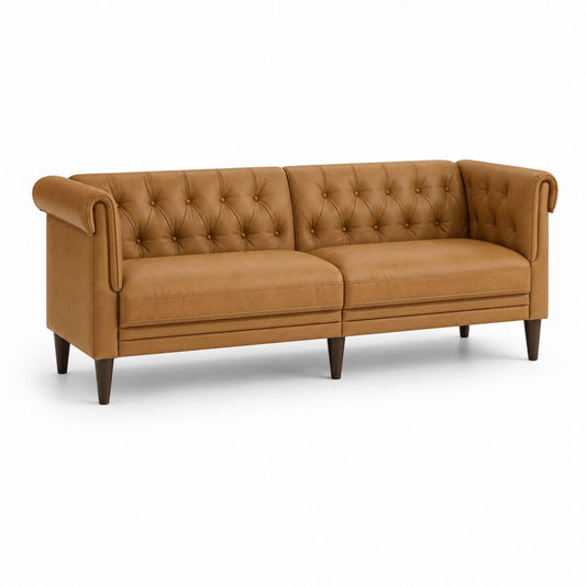 Sofa 3 Sitze aus Kunstleder braun Cognac mit Rückenlehne capitinné, 205 × 84 × 78 cm