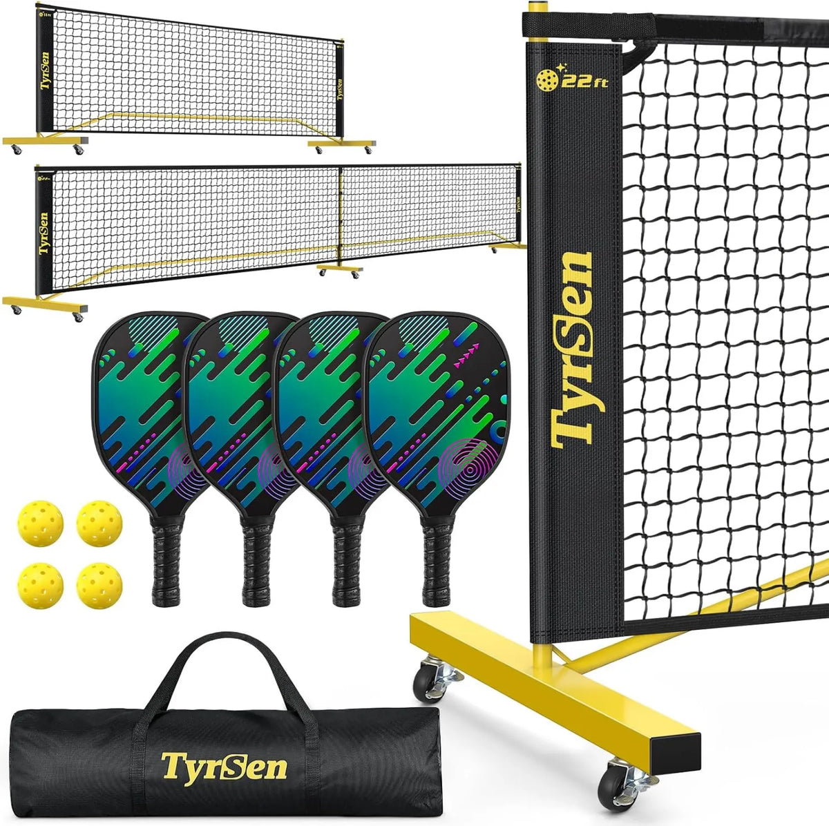 Pickleball-Netz, mobiles Netzsystem, leicht transportierbar, mit Rollen, mit Transporttasche, mit Netz, 3,9 m, 6,9 m, 4 Bälle, für Garten