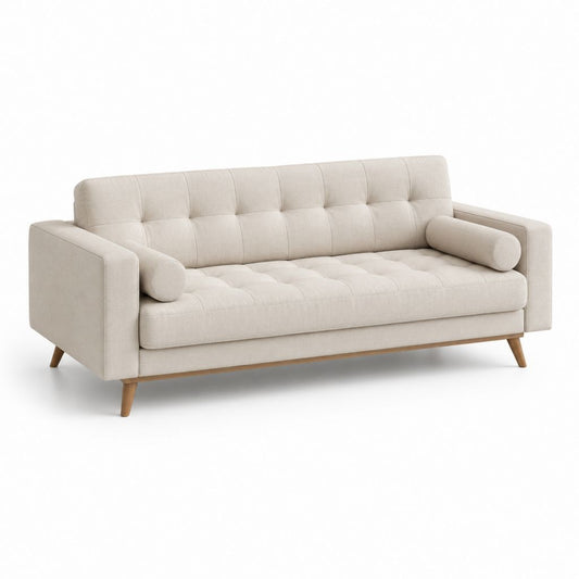 3-Sitzer-Linearsofa aus Beige-Gewebe mit Absteppung und 2 Zylinderkissen, 210 × 86 × 84 cm