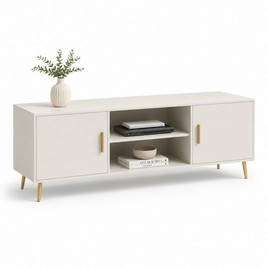 Mobile TV-Anschluss aus Holz und Metall mit 2 Türen und 2 offenen Räumen, beige und Gold, 160 × 40 × 60 cm