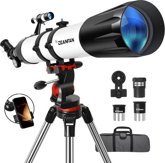 Astronomisches Refraktor-Teleskop, Linsenteleskop für Himmelsbeobachtung, 32X, 240X, 90 mm, mit Stativ, mit Montierung, mit Transporttasche