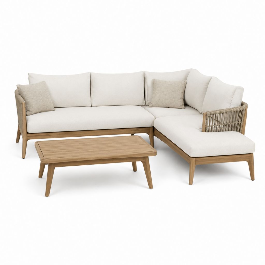 Eckkomposition von außen in 2 Stücke, Akazienholz und Beige Stoff, Sofa 250 × 170 × 80 cm und Couchtisch 110 × 65 × 40 cm