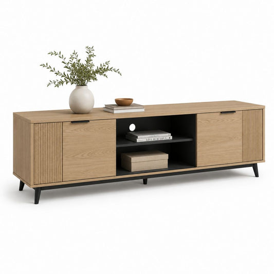 TV-Lowboard aus melaminischer Schnitzerei mit 2 Türen und offenem Fach, natürliche und schwarze Eiche, 180 × 40 × 65 cm