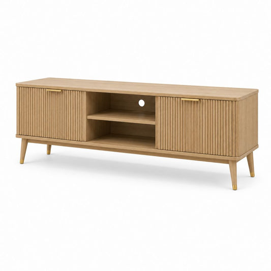 TV-Lowboard mit 2 Rillen und Kabeldurchführungen, braun Eiche und Gold, 150 × 40 × 60 cm