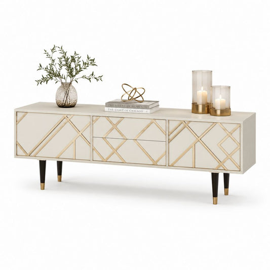 TV-Lowboard aus MDF und Stahl, Elfenbein, Gold und Schwarz, 160 × 40 × 65 cm, 2 Türen und 2 Schubladen