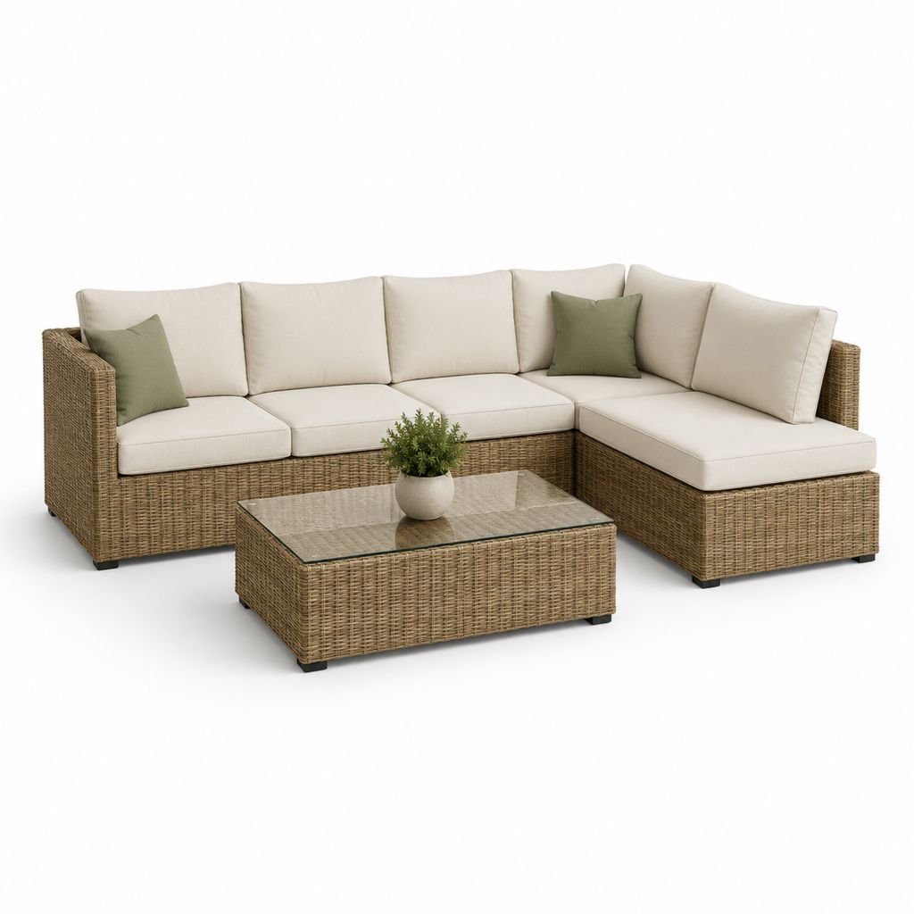 Gartenset 5 Plätze in Polyrattan mit Ecksofa 245 × 180 × 74 cm und Couchtisch aus Glas 95 × 55 × 35 cm, beige, braun und olivgrün