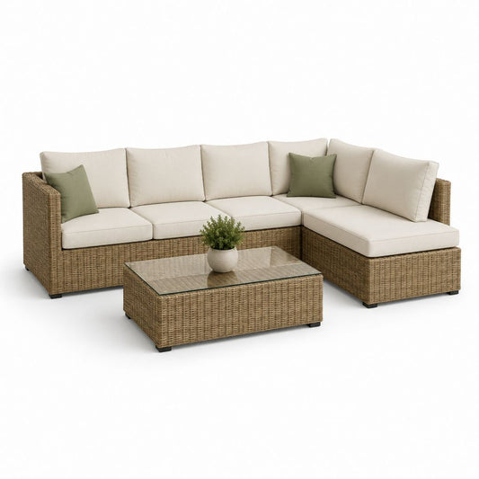 Gartenset 5 Plätze in Polyrattan mit Ecksofa 245 × 180 × 74 cm und Couchtisch aus Glas 95 × 55 × 35 cm, beige, braun und olivgrün