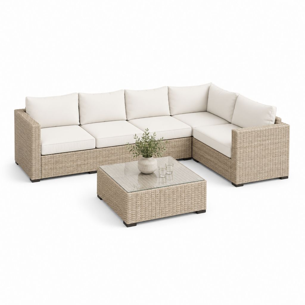 Set Ecksaal von außen 3 Stücke beige polyrattan mit Kissen Creme und Couchtisch, 255 × 195 × 73 cm