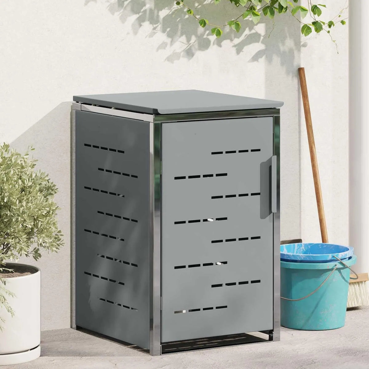 Mülltonnenbox – für 1 Mülltonnen, 240 L, mit Gasdruckfeder, erweiterbar, grau, als Sichtschutz und Unterstand für Abfalltonnen, Mülltonnenbox