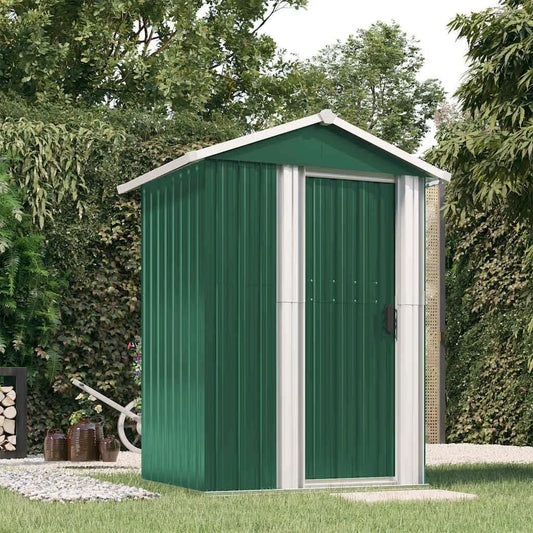 Gerätehaus, aus verzinktem Stahl, 126 x 97,5 x 177 cm, mit Pultdach, mit Schiebetür, grün, für Gartengeräte, Werkzeug und Außenlagerung