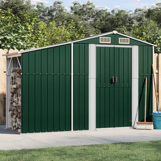 Gerätehaus – aus Metall, 277 x 93 x 179 cm, mit Satteldach, mit Belüftung, grün, für Gartengeräte, Werkzeug und Außenlagerung