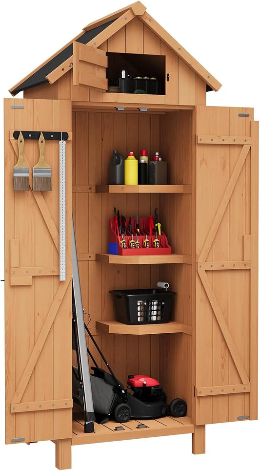 Outdoor-Aufbewahrung – aus Holz, 72 x 55 x 177 cm, abschließbar, mit Einlegeböden, wetterfest, für Gartengeräte und Werkzeug
