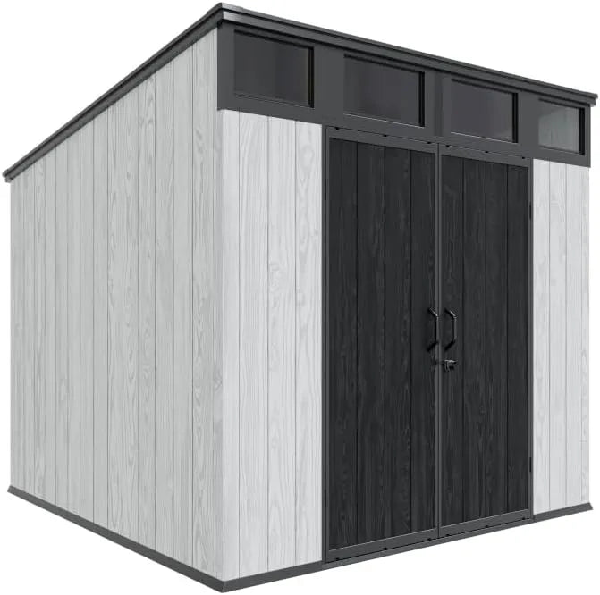 Gerätehaus – aus Kunststoff, 4 x 2 Fuß, mit Pultdach, mit Doppeltür, mit Fenster, grau, für Gartengeräte und Werkzeug