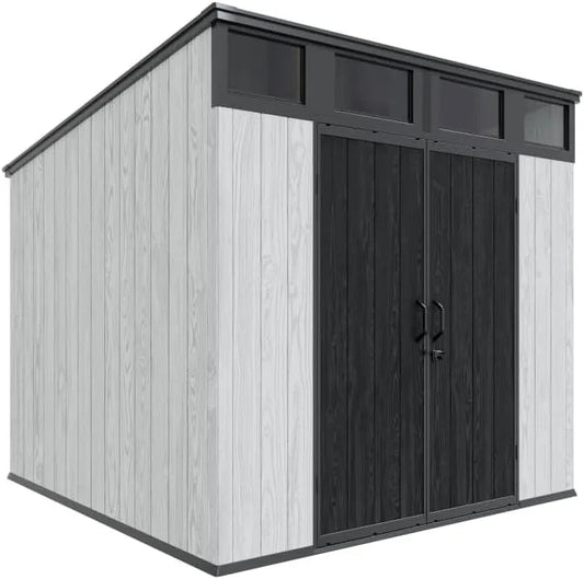Gerätehaus – aus Kunststoff, 4 x 2 Fuß, mit Pultdach, mit Doppeltür, mit Fenster, grau, für Gartengeräte und Werkzeug