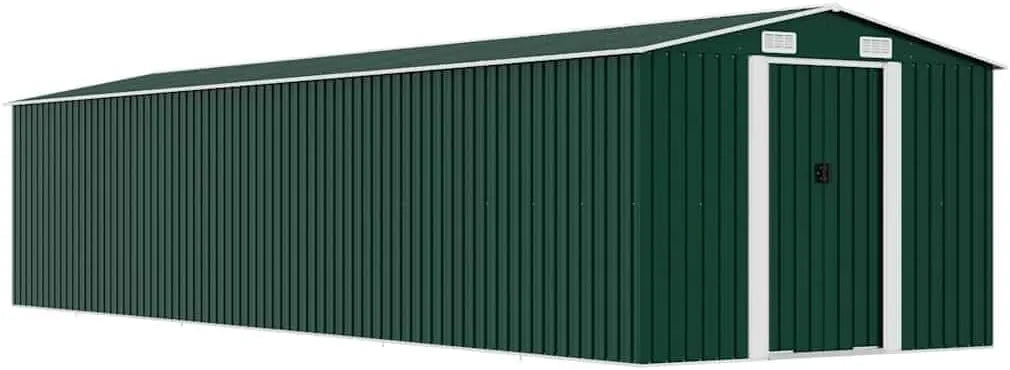 Gerätehaus – aus verzinktem Stahl, 257 x 779 x 181 cm, abschließbar, mit Belüftung, wetterfest, grün, für Gartengeräte und Werkzeug