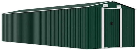 Gerätehaus – aus verzinktem Stahl, 257 x 779 x 181 cm, abschließbar, mit Belüftung, wetterfest, grün, für Gartengeräte und Werkzeug