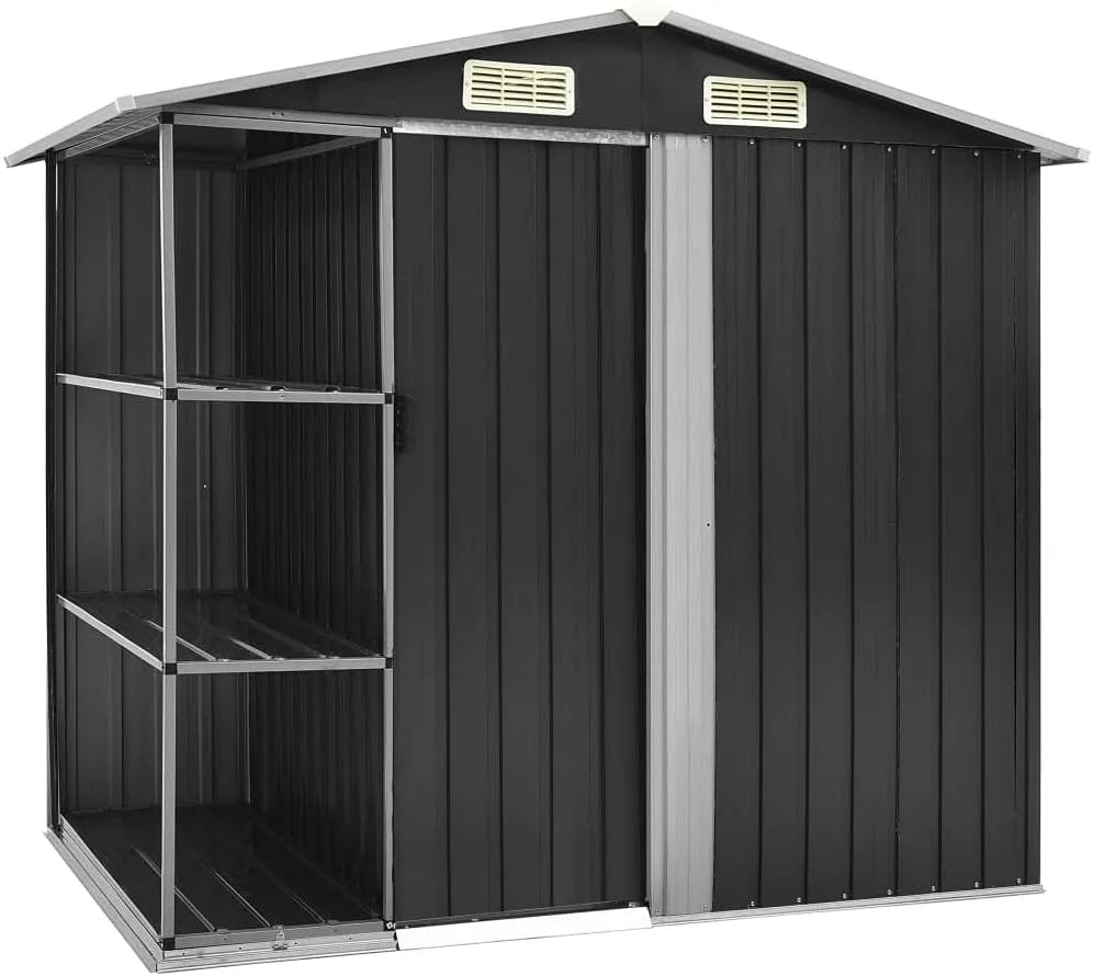 Gerätehaus – 205 x 130 x 183 cm, mit Schiebetür, mit Belüftung, mit Einlegeböden, anthrazit, für Gartengeräte, Werkzeug und Außenlagerung
