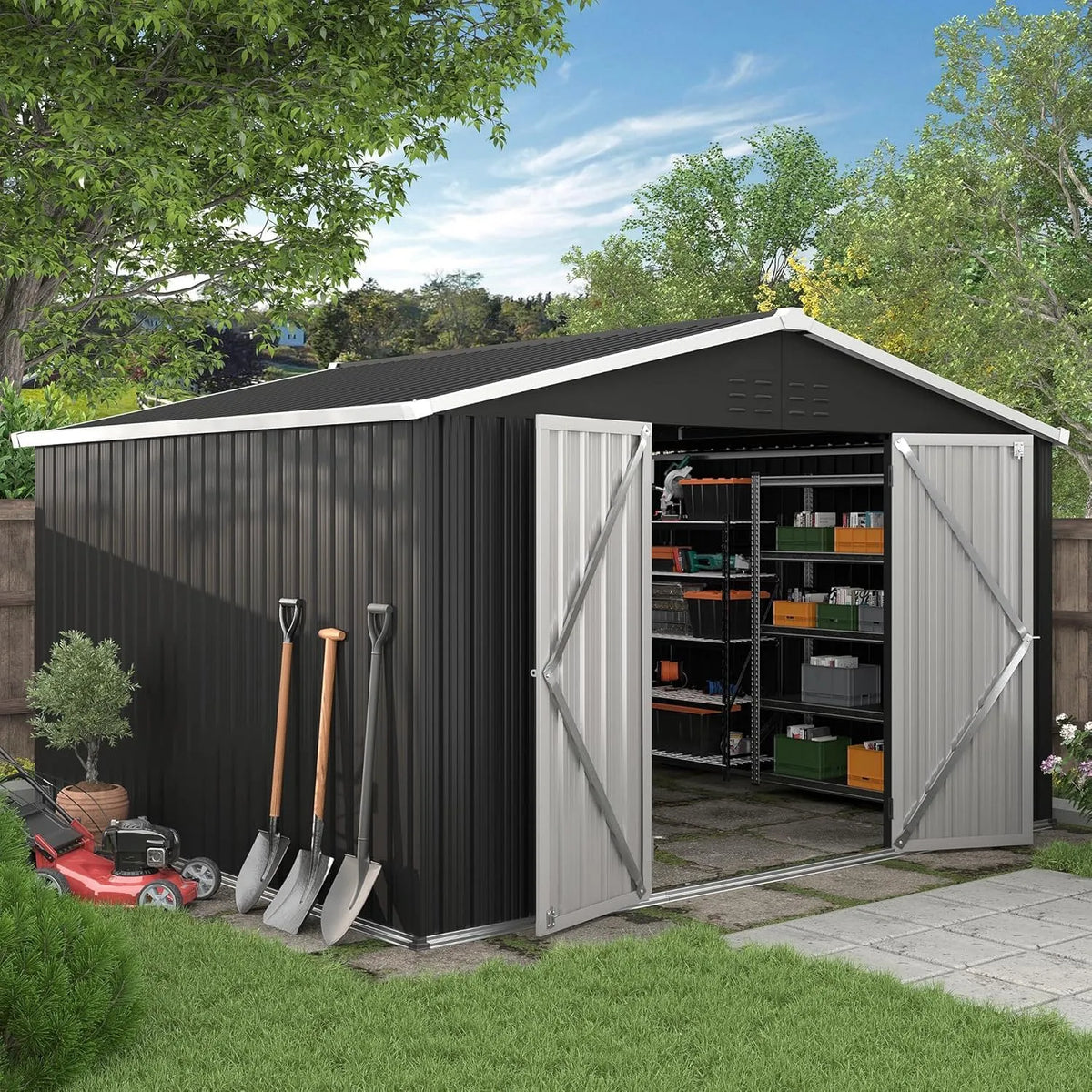 Gerätehaus Dunkelgrau, aus Metall, 303 x 292 x 204 cm, 14 m³, mit Pultdach, abschließbar, für Fahrräder und Zubehör