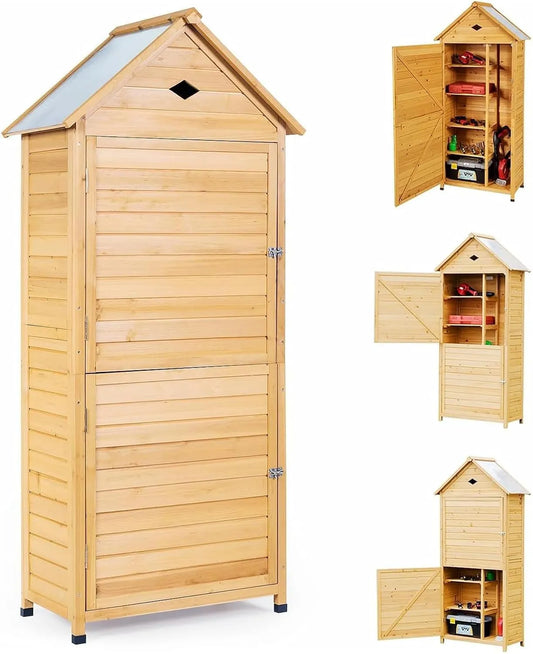 Gartenschrank Natur – aus Holz, 80 x 45 x 177 cm, mit Satteldach, wetterfest, für Gartengeräte und Werkzeug