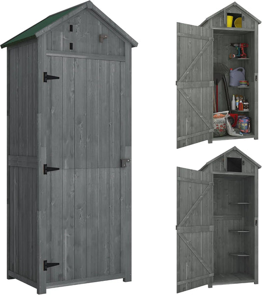 Outsunny Gartenschrank – aus Holz, 77 x 54,2 x 179 cm, wetterfest, grau und grün, für Werkzeug und Gartenzubehör