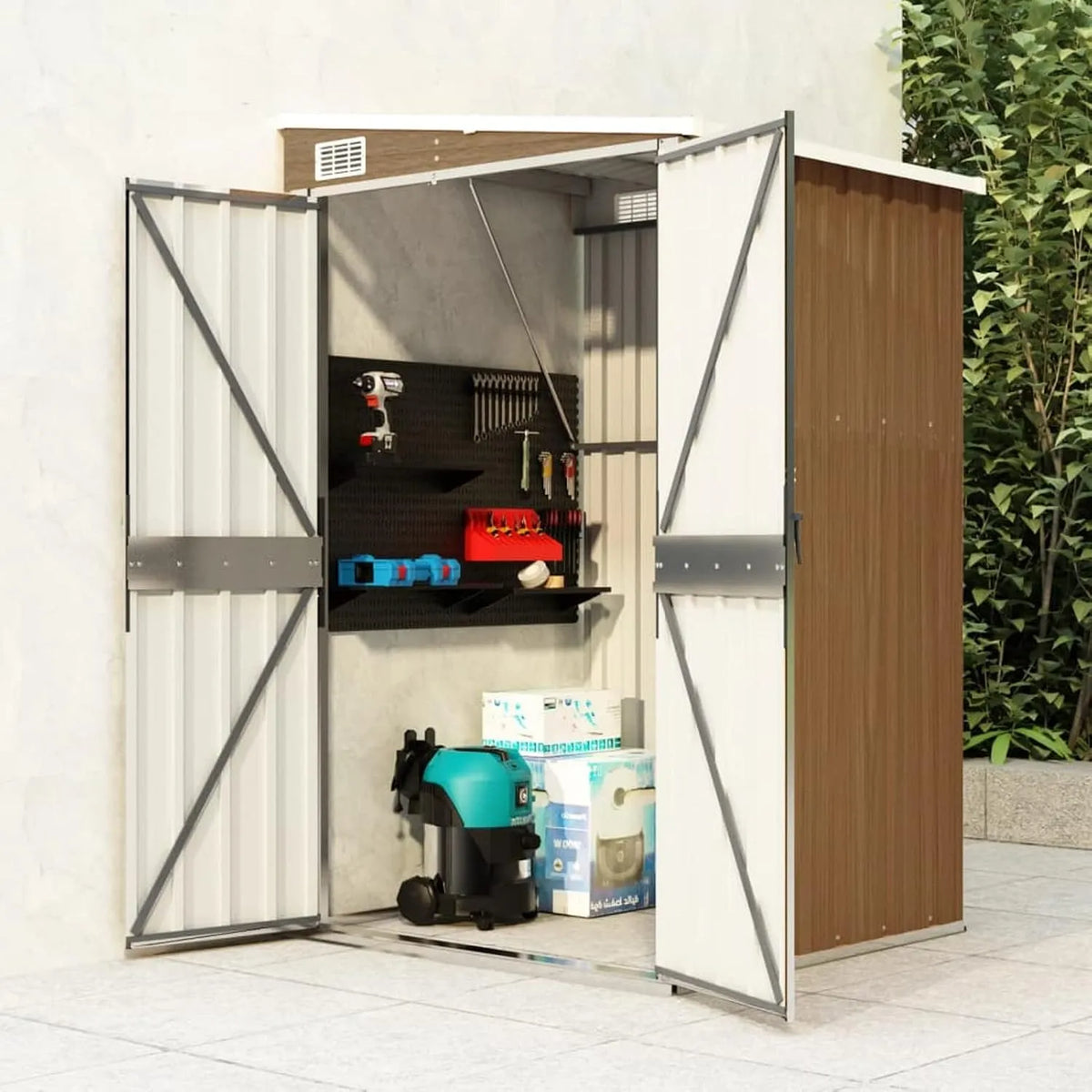 Gerätehaus – aus Metall, 118 x 100 x 178 cm, braun, für Fahrräder und Zubehör