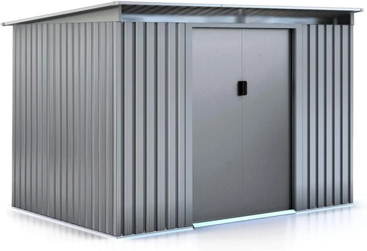 Gerätehaus – aus Metall, 4,72 m², mit Flachdach, grau, für Gartengeräte, Werkzeug und Außenlagerung