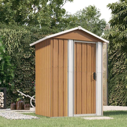 Gerätehaus – aus verzinktem Stahl, 126 x 97,5 x 177 cm, mit Schiebetür, wetterfest, braun, für Gartengeräte und Werkzeug