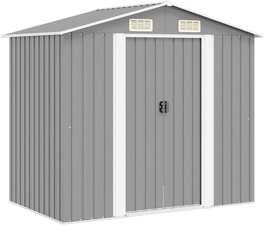 Gerätehaus – aus Metall, 204 x 132 x 186 cm, mit Schiebetür, grau, für Gartengeräte und Werkzeug