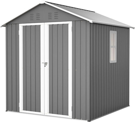 Gerätehaus – aus Metall, 170 x 170 x 191 cm, mit Satteldach, mit Belüftung, mit Fenster, wetterfest, grau, für Gartengeräte und Fahrräder