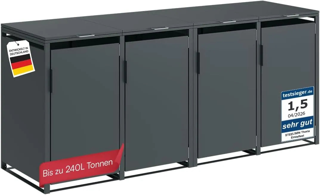 Mülltonnenbox Thoria – für 4 Mülltonnen, aus Stahl, 240 L, anthrazit, als Sichtschutz und Unterstand für Abfalltonnen, STEELSØN