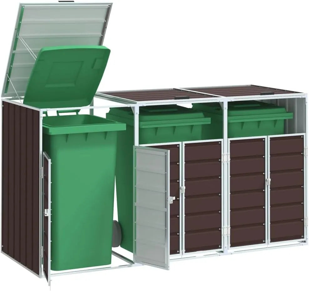 Mülltonnenbox Mechanismus, für 3 Mülltonnen, aus Stahl, 216 x 81 x 115 cm, 240 L, braun, als Sichtschutz und Unterstand für Abfalltonnen