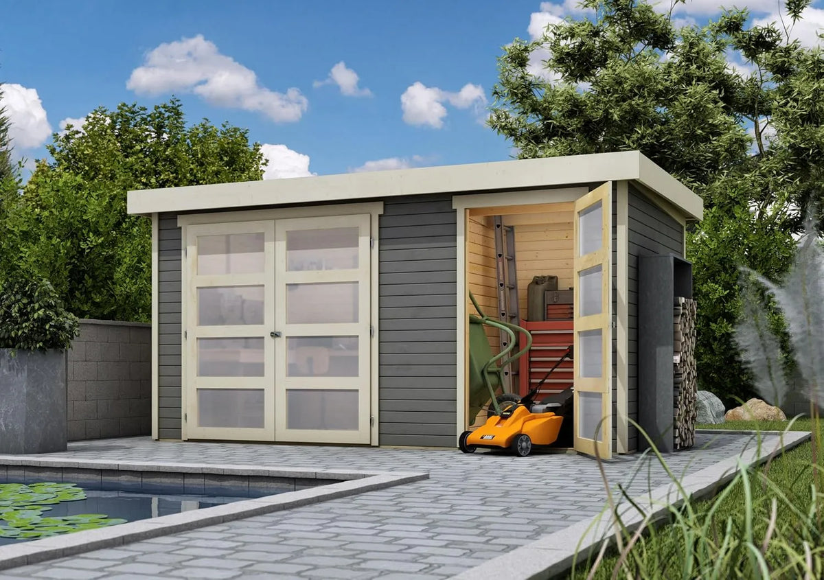 Gerätehaus – mit Boden, für Gartengeräte, Werkzeug und Außenlagerung, Karibu