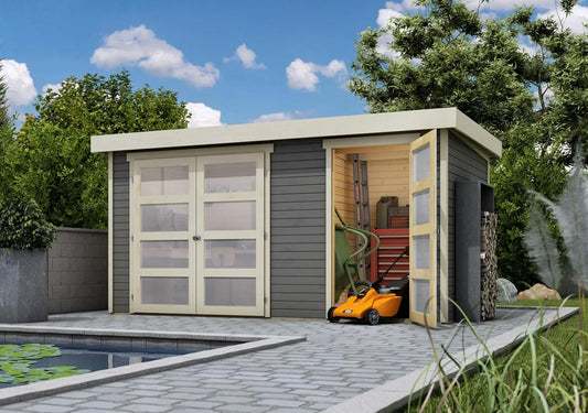 Gerätehaus – mit Boden, für Gartengeräte, Werkzeug und Außenlagerung, Karibu