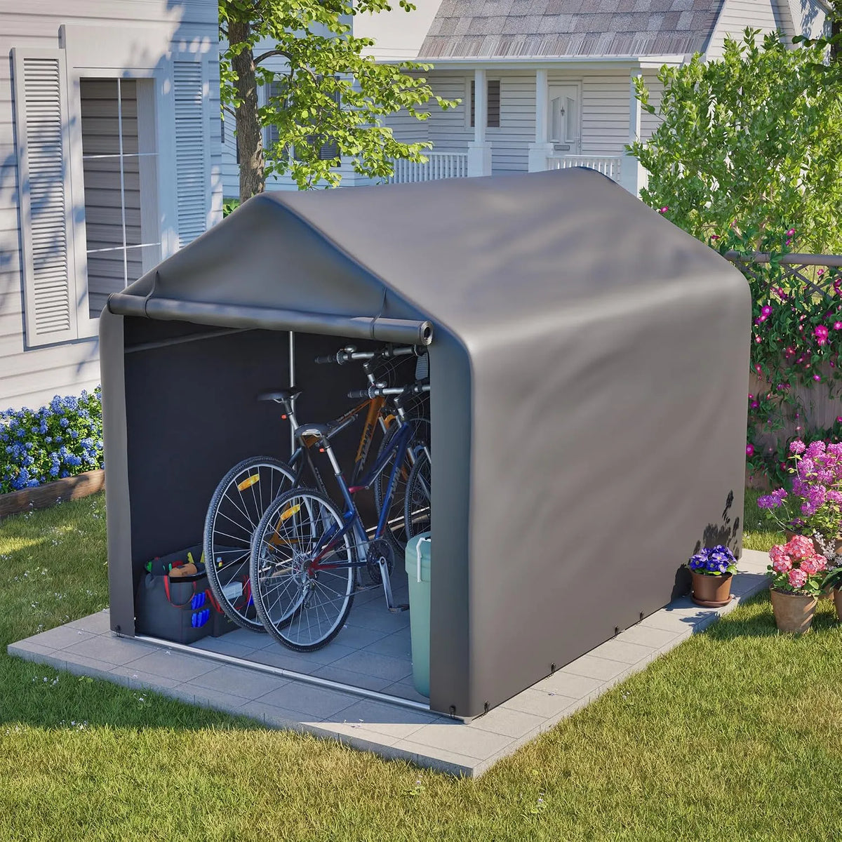 Fahrradgarage – 160 x 220 x 165 cm, wetterfest, grau, für Fahrräder und Zubehör, zur Organisation von Werkzeug und Zubehör